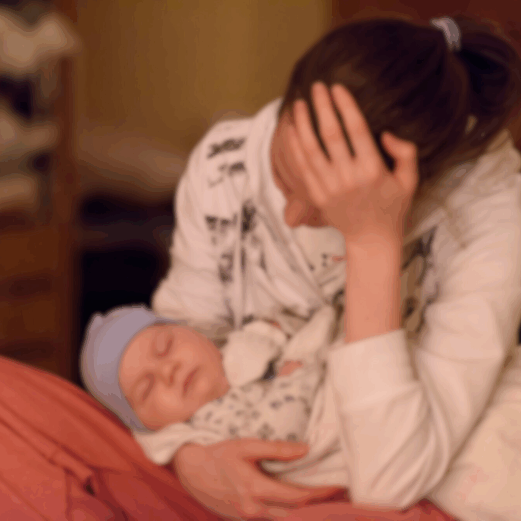 Eine Mama ist erschöpft, hält sich die Stirn und ihr Baby im Arm.