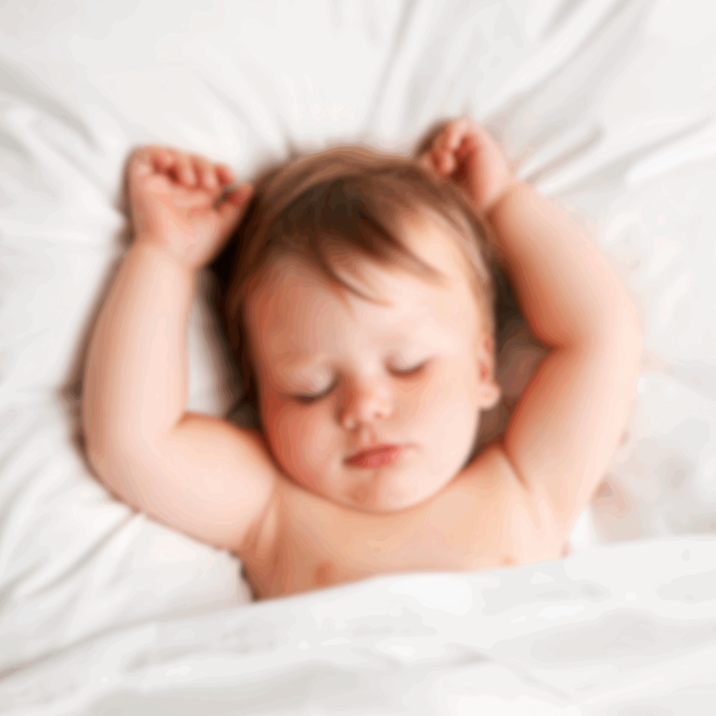 Süßes Baby schläft in weißer Bettwäsche und hat die Arme nach oben rechts und links vom Kopf abgelegt.