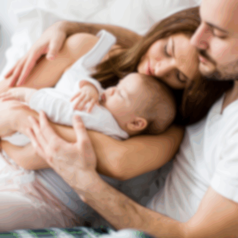 Mama und Papa liegen glücklich im Bett und haben ihr schlafendes baby im Arm.