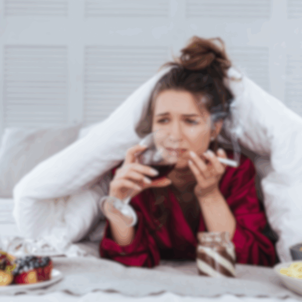 Frau in Bett mit Zigarette, Wein und Süsskram